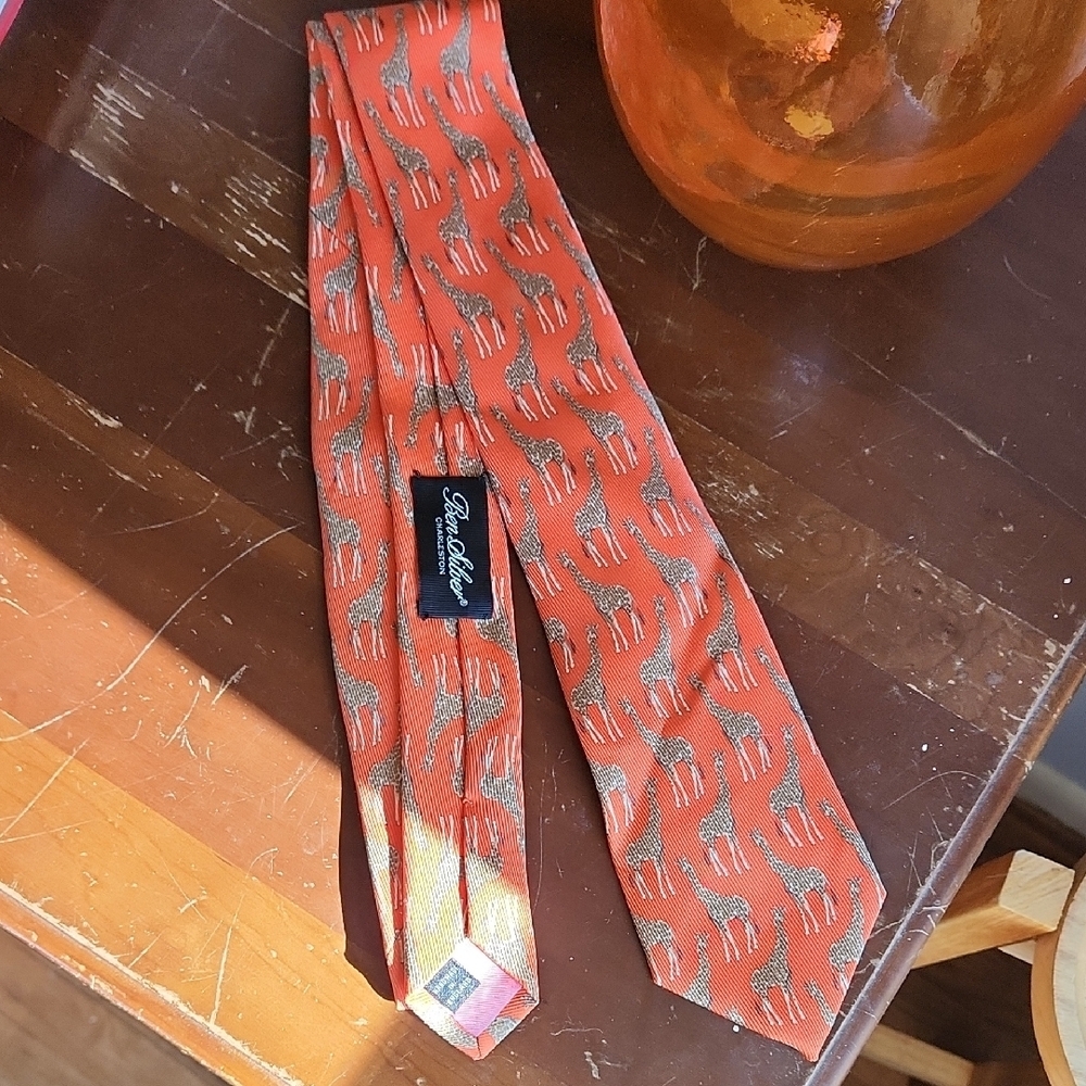 Ben Silver Handmade Orange Silk Tie With Giraffe Print